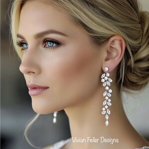 BRIDAL Earrings Long WEDDING Marquis Silver, Gold, Rose Gold Cubic Zirconia Prom